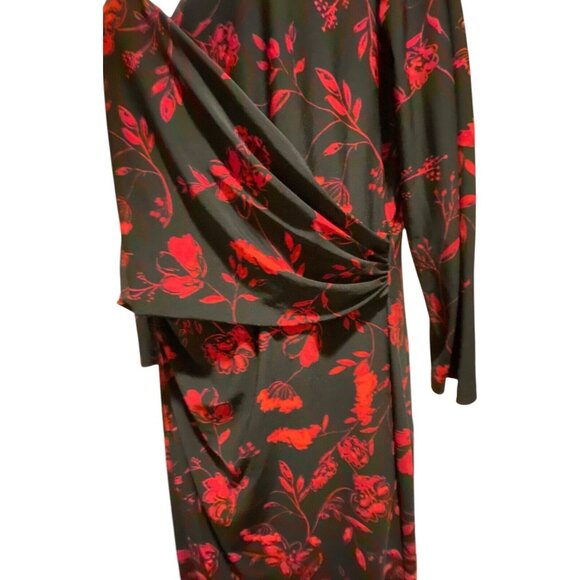 Lauren Ralph Lauren Dress 16 Surplice Jersey Faux Wrap Black Red Midi - Picture 5 of 15